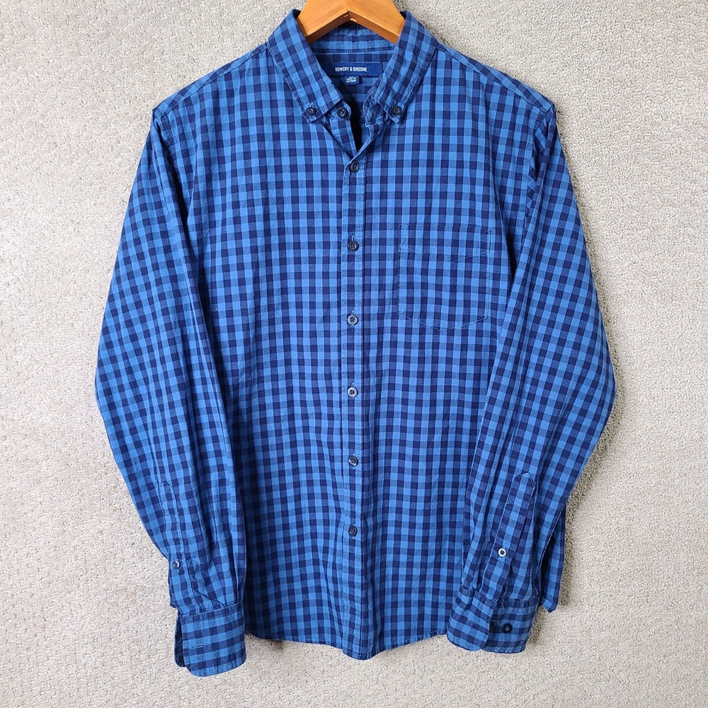 Bowery & Broome Shirt Mens Medium Blue‎ Gingham Button Down Cotton Casual